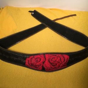 singleton Accessories - Jody Singleton Black leather Belt w/RED ROSE metal singleton Accessories - Jody Singleton Black leather Belt w/RED ROSE metal